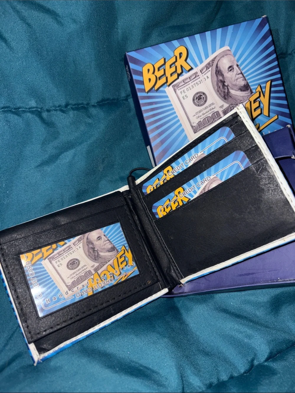Funny Wallet - Beer Money Vegan Leather Wallet - bifold Ben Franklin